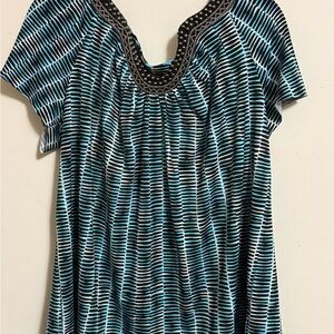 AGB Black and Blue Striped Blouse with Beaded Neckline